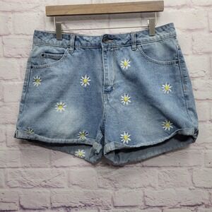 Vero Moda Embroidered Floral Denim Shorts Womens XL Cuffed Cottage Boho Retro